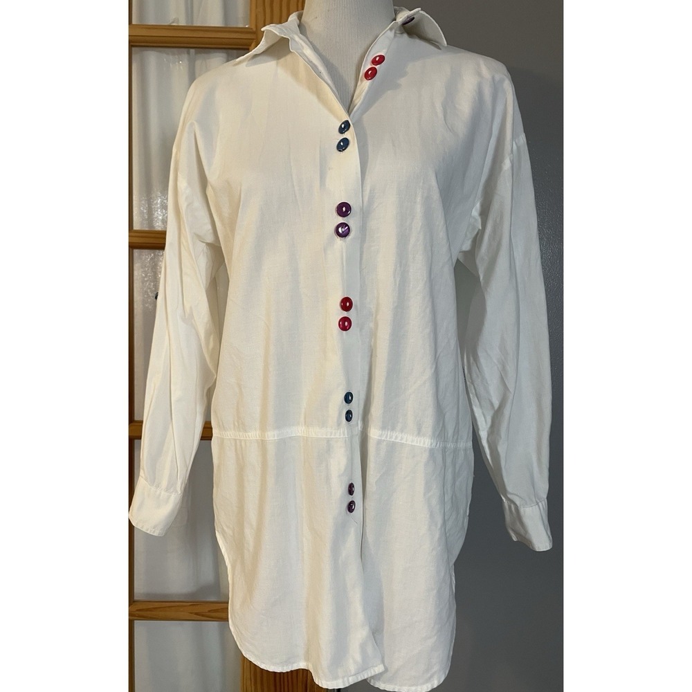 80s Caliche Tunic Shirt Womens Sz L White Multicolored Buttons USA Made Classic